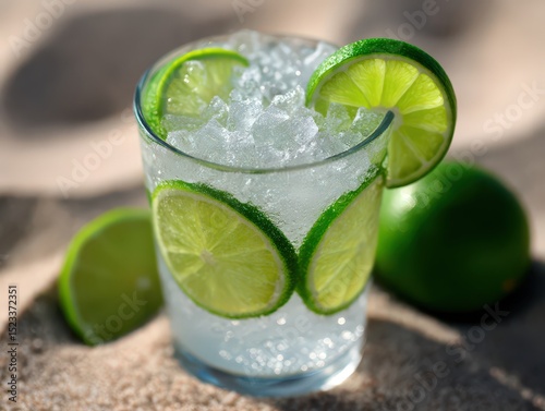 Refreshing cocktail with ice and vibrant lime slices set against a sandy beach background evoking summer relaxation and enjoyable moments under the sun captured in a stunning beverage setting
