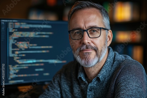 Senior Professional Programmer with Beard and Glasses Focused on Coding in Modern Office Workspace - Achieving Success in Software Development and Digital Innovation