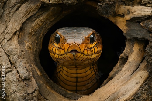 ultra quality picture of the head of the javan cobra comes out of the wood hole