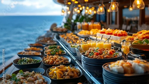 An elaborate buffet spread set aboard a ship, with the ocean in the background. The scene is filled with various delectable food items, including dishes and drinks.