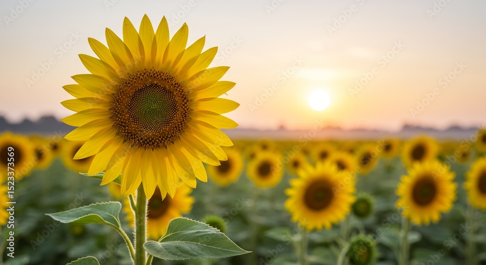 Fototapeta premium Vast sunflower field under bright sunlight, vibrant yellow blooms stretching to the horizon, capturing the beauty of nature in full bloom.