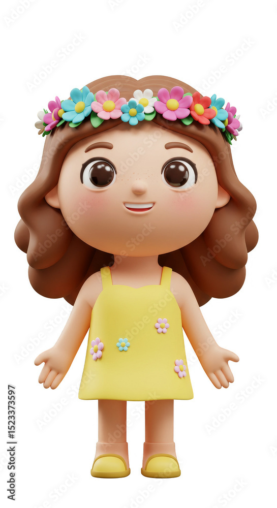 Fototapeta premium Illustration of Girl with Flower Crown and Yellow Dress 3D Render Cartoon