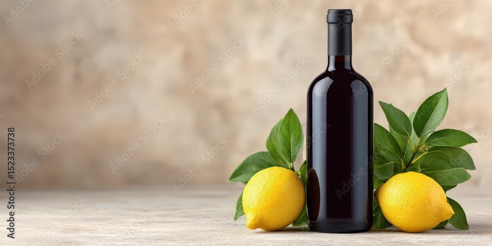 Obraz premium A visually striking still life arrangement featuring a dark glass bottle of wine accompanied by vibrant lemons and lush green leaves set against a softly blurred background conveying elegance