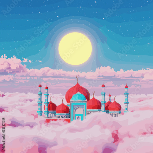 A serene scene featuring a palace with golden domes, surrounded by traditional lanterns. The architecture reflects a Middle Eastern or South Asian design, with intricate details and a soft, warm color