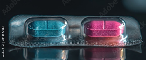A blue and pink rectangular pill in a clear blister pack with black background & its reflection photo