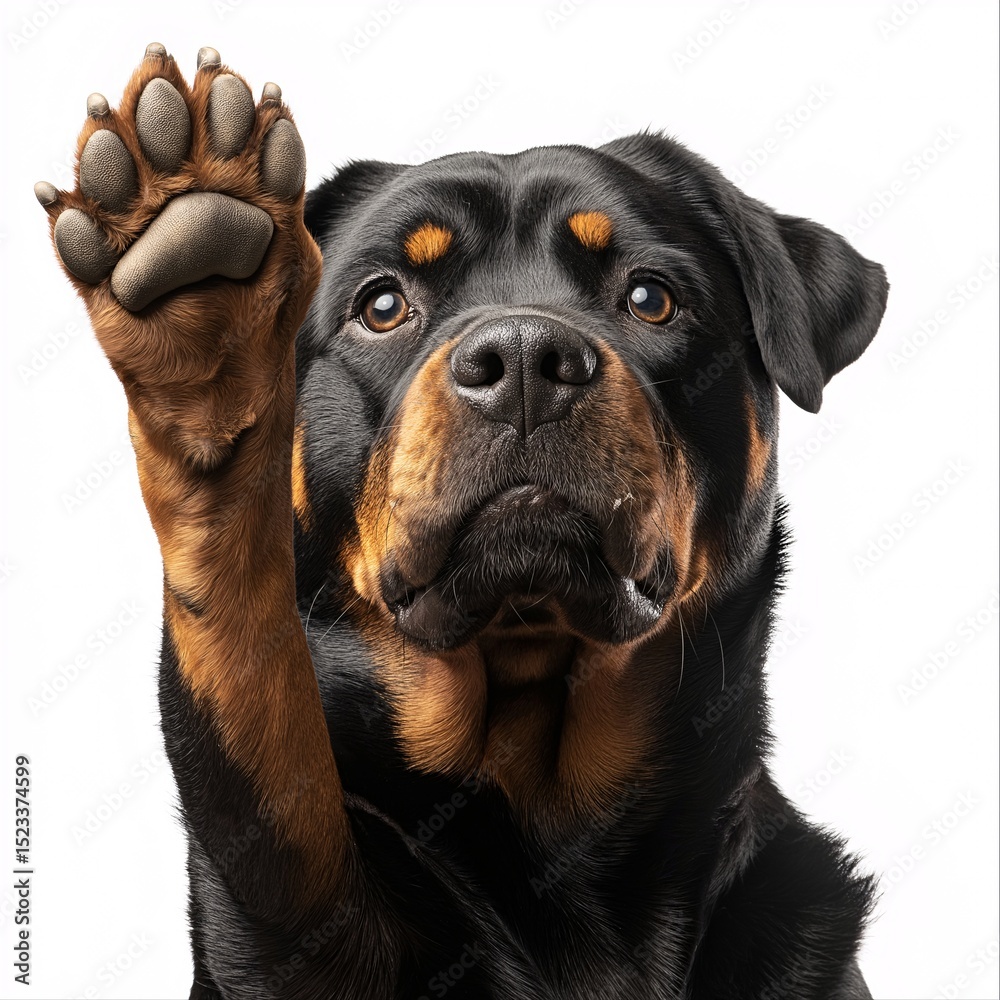 Fototapeta premium Adorable Rottweiler Raising a Paw - Playful Canine Headshot in Studio