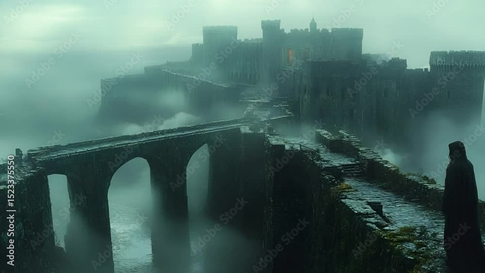 Misty castle on a cliff with a bridge and a hooded figure. The atmosphere is mysterious and dramatic.