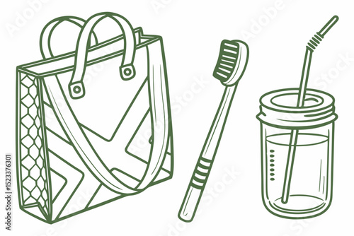 Illustration of a patterned tote bag, toothbrush, and mason jar with a straw outlined in green color