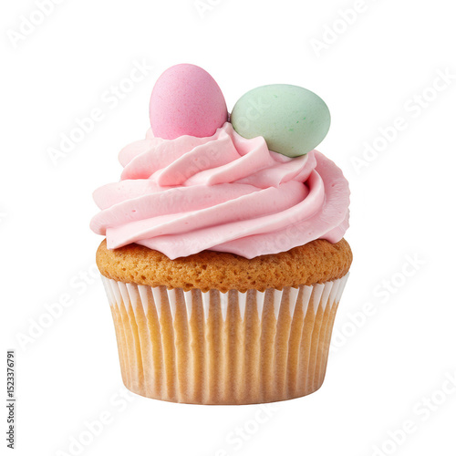 Isolated Transparent Background Pink Frosted Cupcake with Easter Eggs