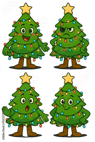 Festive cartoon Christmas tree characters expressing various emotions during the holiday season celebration