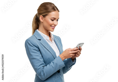 Isolated Portrait of Young Woman In Business Attire Using Phone with Transparent Background