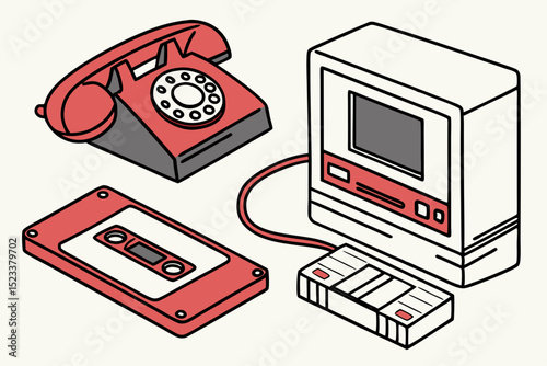 Retro technology featuring a computer, telephone, and cassette tape in isometric view on a plain background