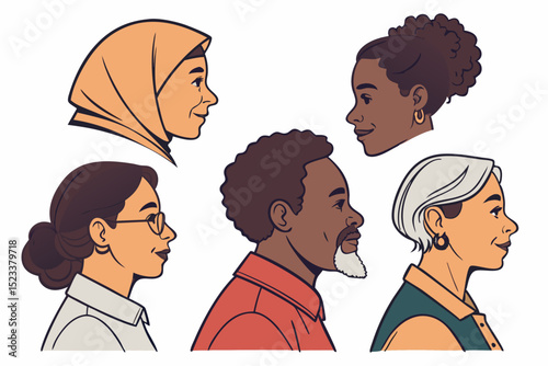Illustration showing diverse group of people in profile view with varying ages and backgrounds shown