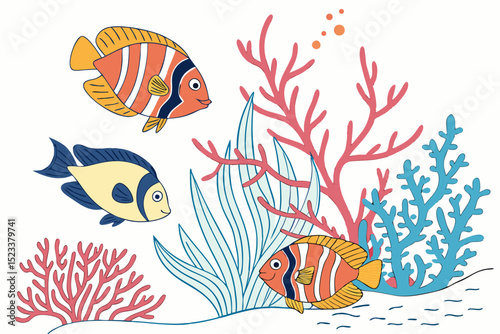Illustration of three colorful fish swimming amongst coral and seaweed in an underwater environment