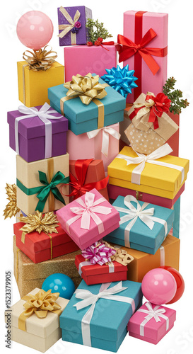 Stack Of Wrapped Colorful Christmas Present Gifts with Ribbons and Bows