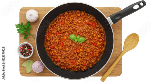 Top View Of Bolognese Sauce In Pan With Transparent Background