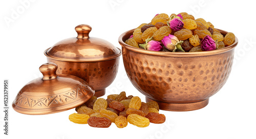 Isolated Raisins In Copper Bowl And Jar With Transparent Background