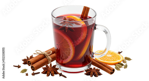 Transparent Background Close Up Mulled Wine with Orange and Cinnamon