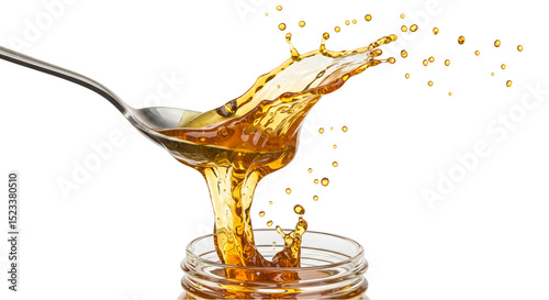 Transparent PNG of Golden Honey Splash from Spoon over Jar Natural Sweet