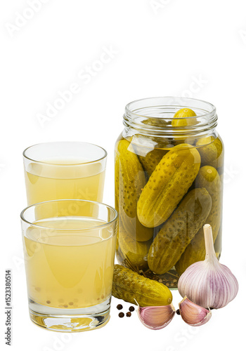 Transparent Image Pickled Cucumbers Drink in Glass with Garlic Still Life
