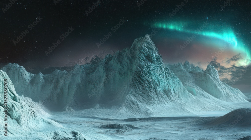 Fototapeta premium Arctic landscapes under the cosmic ballet, celestial glow illuminating glacial peaks