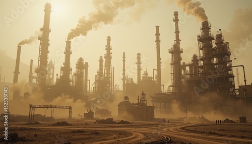 Industrial complex in a dusty landscape.
