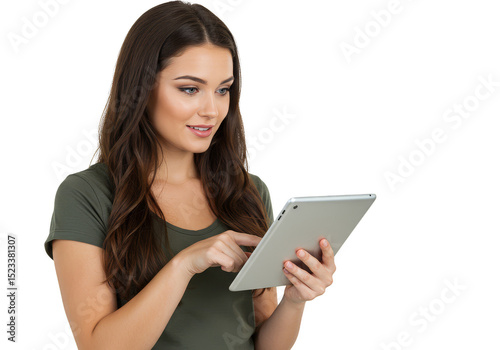 Young Woman with Digital Tablet Isolated in Transparent Background