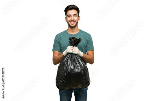 Portrait of Cheerful Man Holding Black Garbage Bag on Transparent Background