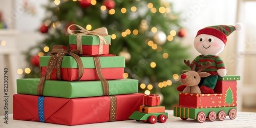 Festive Christmas scene with decorated tree and gift boxes creating joyful holiday atmosphere photo