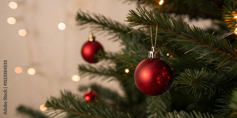 Fototapeta premium Decorated Christmas tree with red baubles creates a festive holiday atmosphere