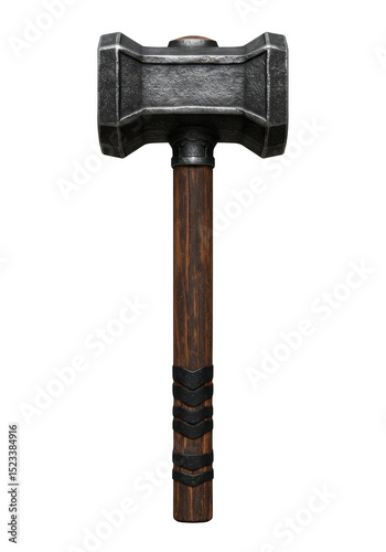 Isolated 3D Render of Black Metal Hammer With Wooden Handle on Transparent