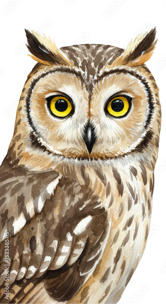 Fototapeta premium Watercolor Illustration of a Brown Owl Bird Portrait Isolated