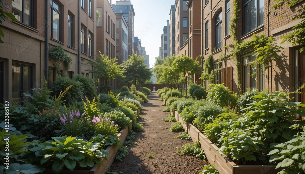 Fototapeta premium Tranquil Urban Courtyard Garden Path Between Brick Buildings Lush Greenery