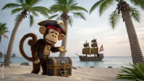 Pirate monkey with treasure chest and ship background monkey clipart