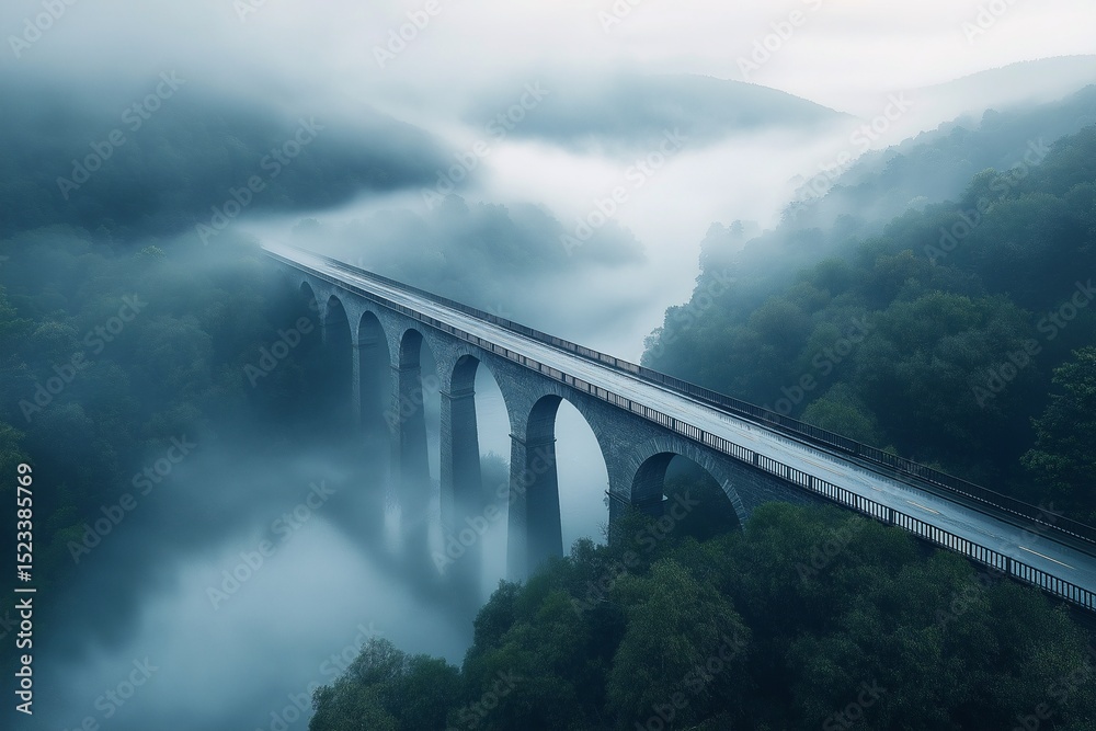 Fototapeta premium Scenic Aerial View of a Foggy Railroad Bridge Crossing a Serene River in a Mist-Covered Mountainous Landscape