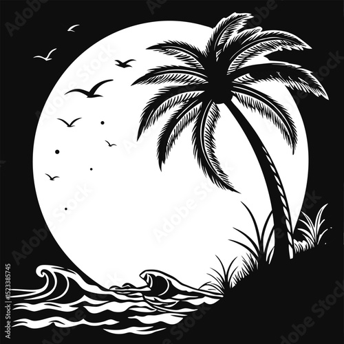 This silhouette image depicts a palm tree on a beach with a large moon and birds in the background.
