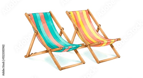 Two striped deck chairs with wooden frames sit side by side on white ground