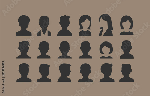 Set of Fifteen Dark Gray Head and Shoulder Silhouettes of People on a Brown Background