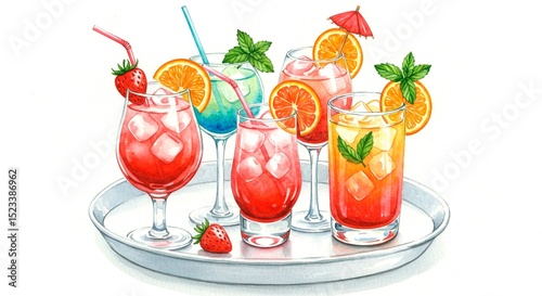 A watercolor illustration of assorted cocktails on a silver serving tray