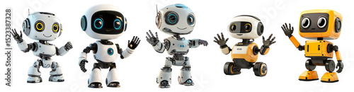 Friendly and Colorful Robot Characters Welcoming with Waving Hands, Isolated on Transparent, white background