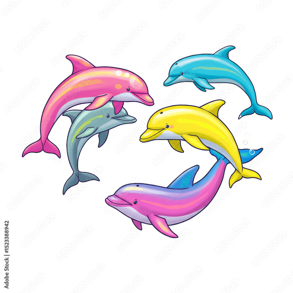 Obraz premium Pixel Art Illustration of Colorful Dolphins Arranged in Heart Shape