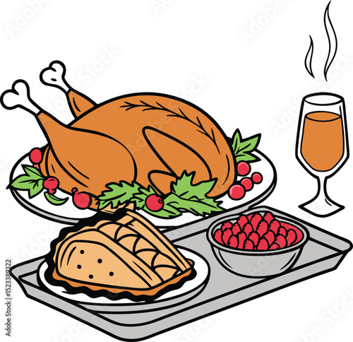 Roasted turkey dinner with pie and cranberry sauce