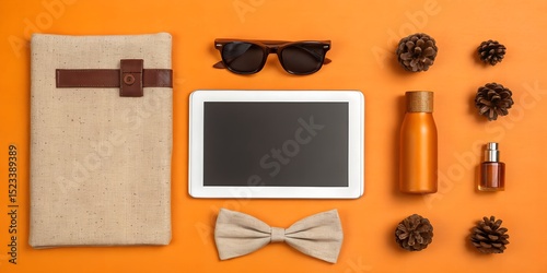 Close up of orange water bottle glass smartwatch and tablet on orange background photo