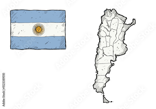 Argentine Flag and Map, Hand-drawn Vector Sketch, Transparent. Argentine Independence Day, National Symbols. Editorial, Education, Cultural Events, Social Media, Print