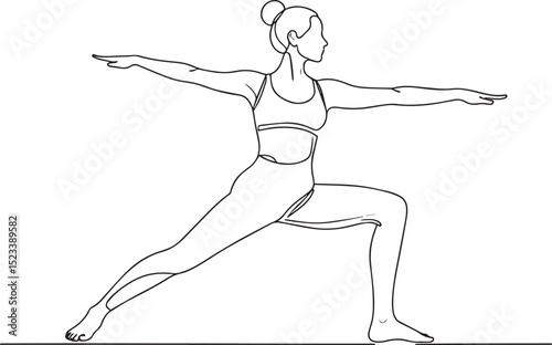 Delicate and Refined Line Art Depiction of a Woman in a Serene Warrior Yoga Pose, Showcasing the Harmony Between Body and Mind Through Minimalist Strokes and Aesthetic Simplicity, Perfect for Wellness