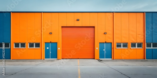 Bright orange industrial warehouse with large roll-up door and blue accents showcasing modern construction photo