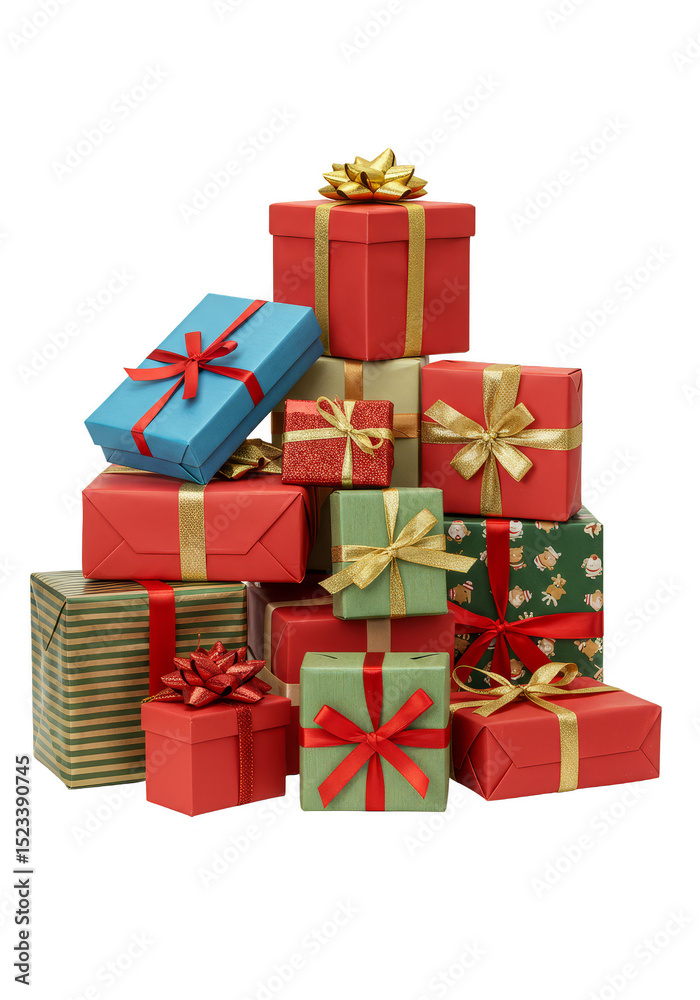 Fototapeta premium Isolated Christmas Gift Pile Presents Stack With Colorful Wraps PNG