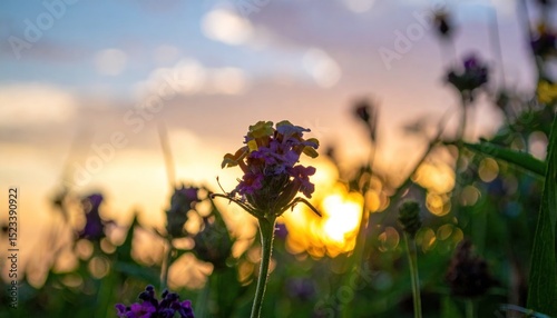 Floral silhouette against warm sunset hues, radiant meadow ambiance, natural vista