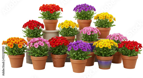 Transparent Background of Colorful Chrysanthemums in Terracotta Pots Display
