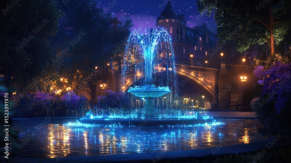 Fototapeta premium Enchanting night scene with a radiant fountain illuminating a fairytale castle
